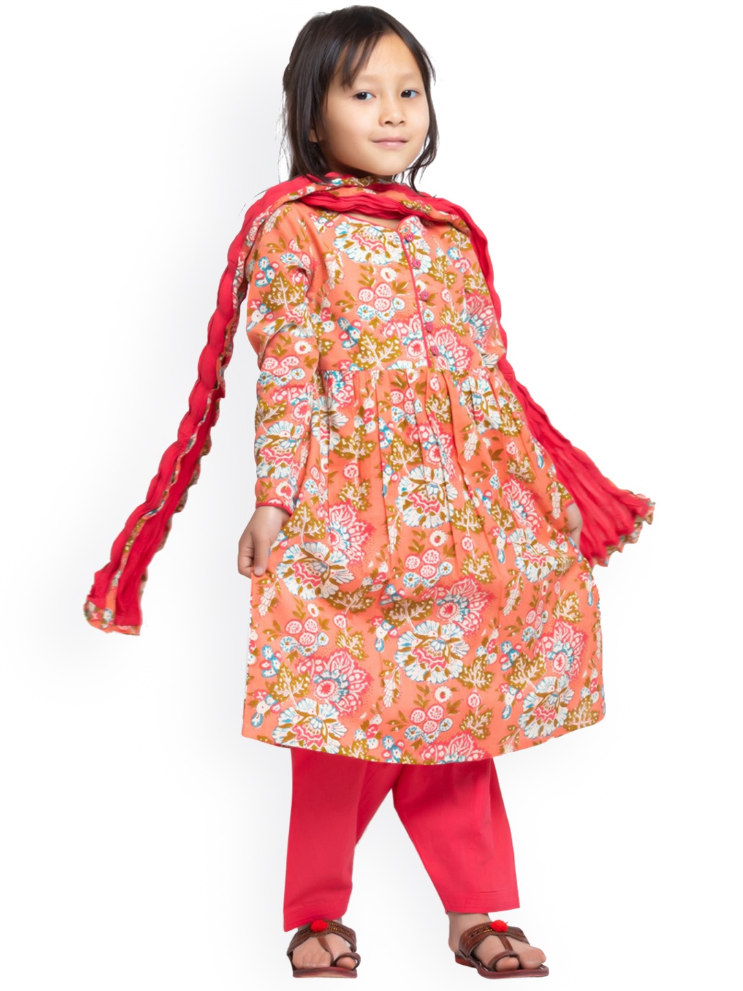 

My Little Lambs Girls Floral Printed Pure Cotton A-Line Kurta With Salwar & Dupatta, Peach