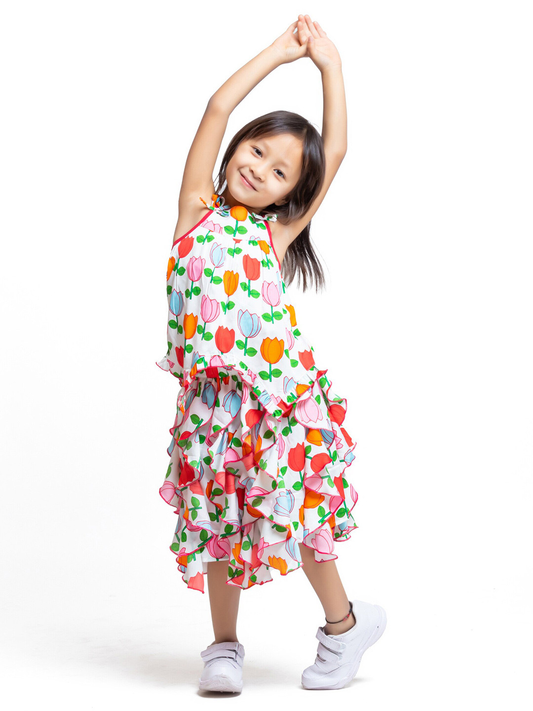 

My Little Lambs Girls Floral Printed Shoulder Straps Top with Skirt, White