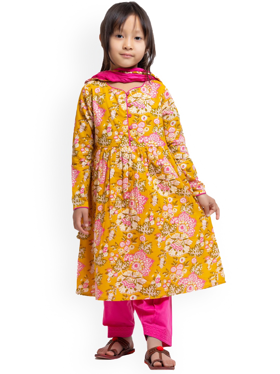 

My Little Lambs Girls Floral Printed Pure Cotton A-Line Kurta With Salwar & Dupatta, Mustard