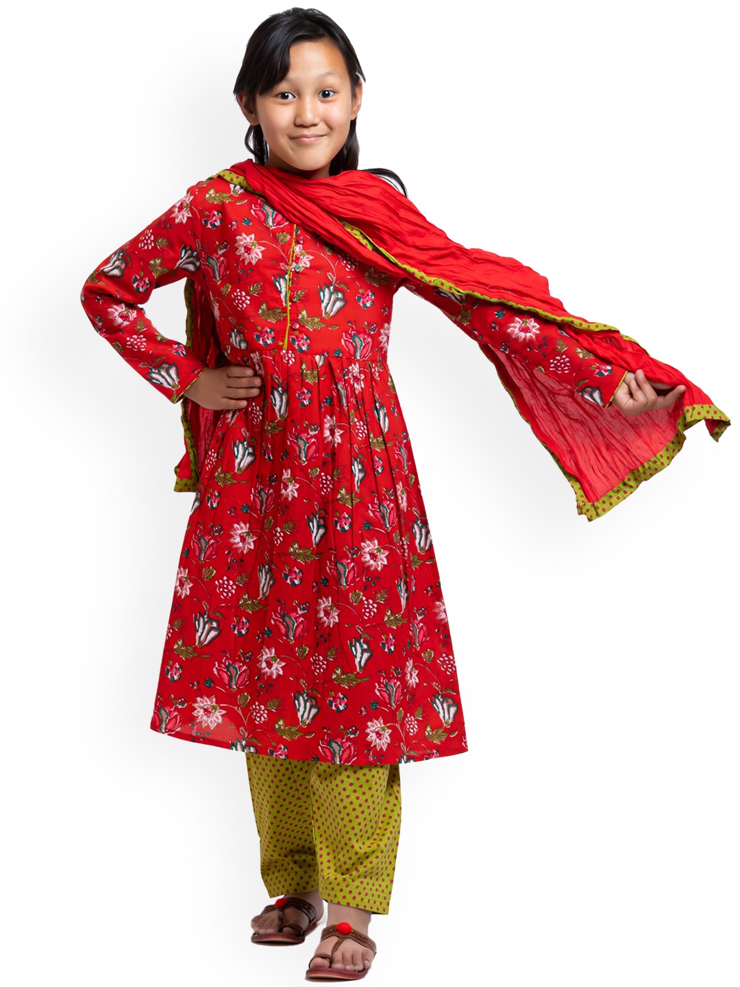 

My Little Lambs Girls Floral Printed Pure Cotton A-Line Kurta With Salwar & Dupatta, Red