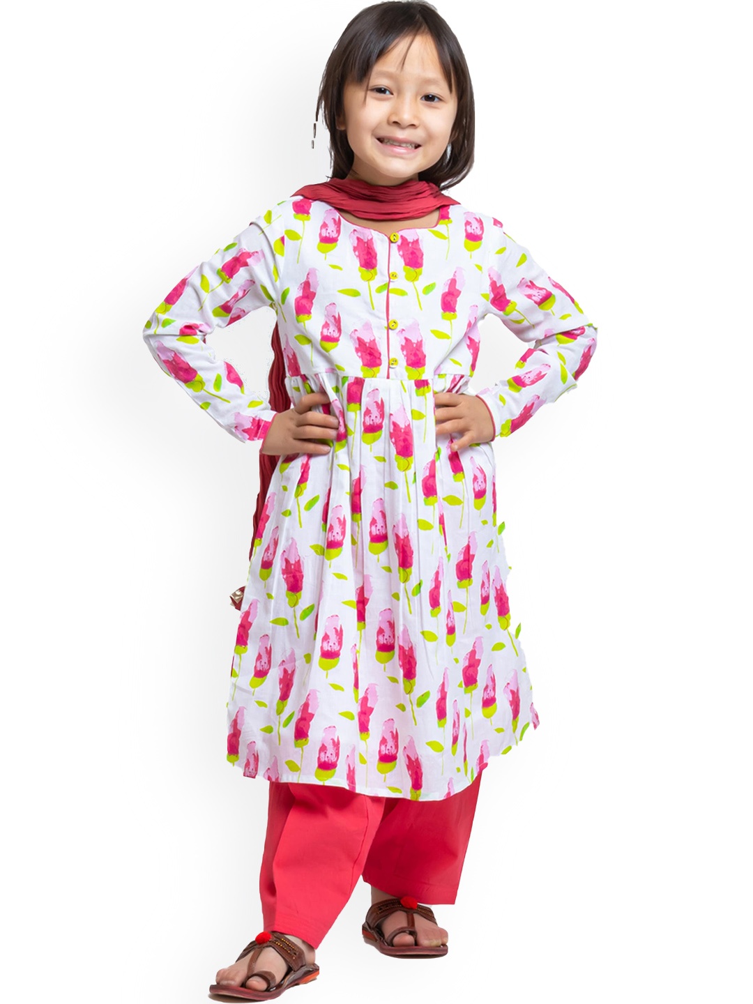 

My Little Lambs Girls Floral Printed Pure Cotton A-Line Kurta With Salwar & Dupatta, White