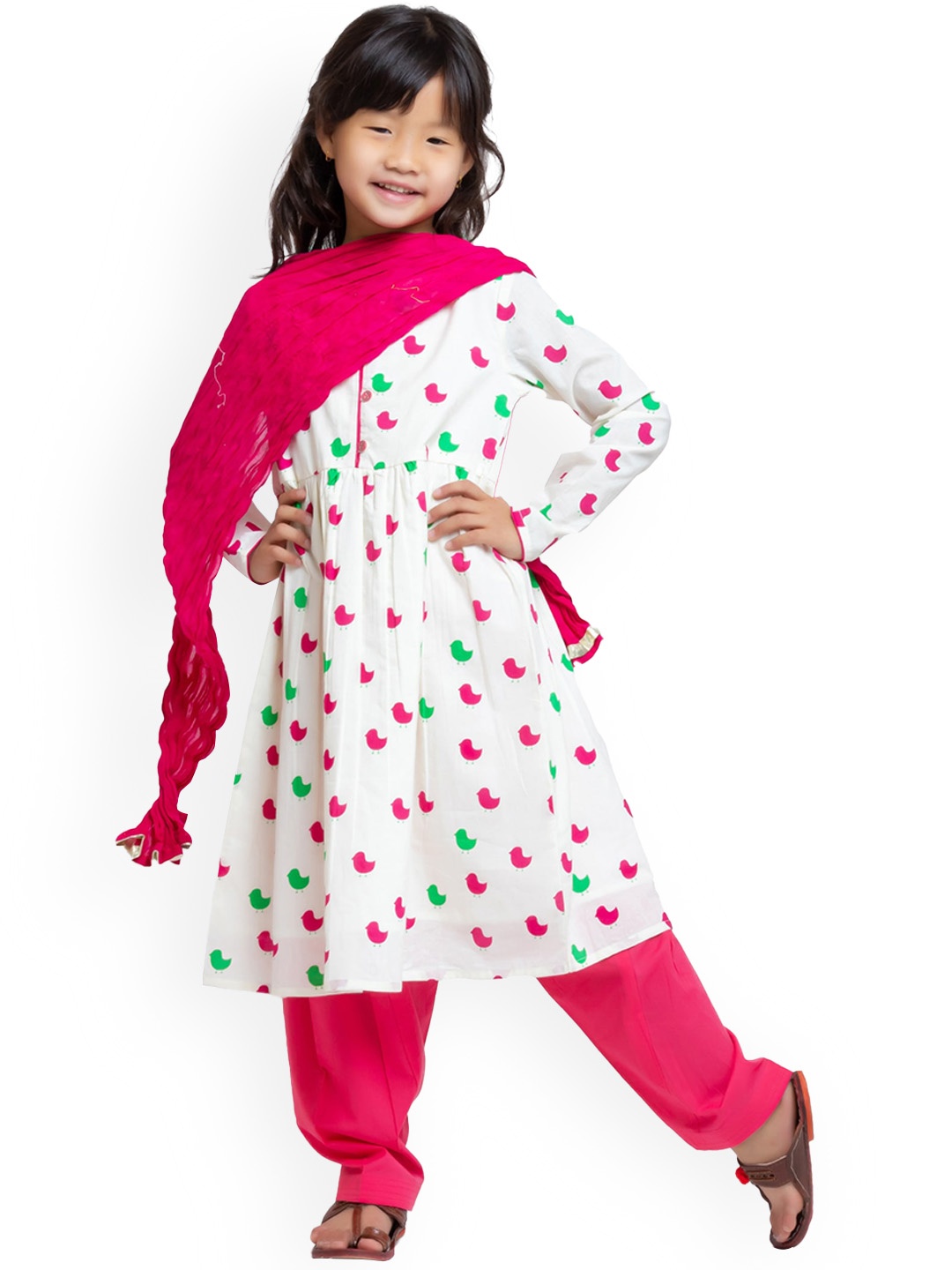 

My Little Lambs Girls Quirky Printed Pure Cotton A-Line Kurta With Salwar & Dupatta, White