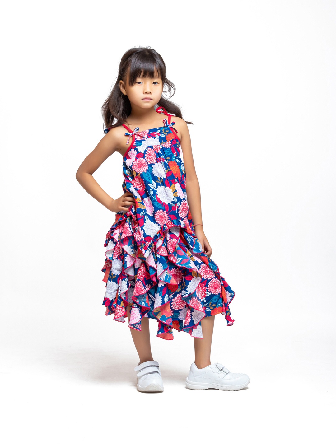 

My Little Lambs Girls Floral Printed Shoulder Straps Top with Skirt, Blue