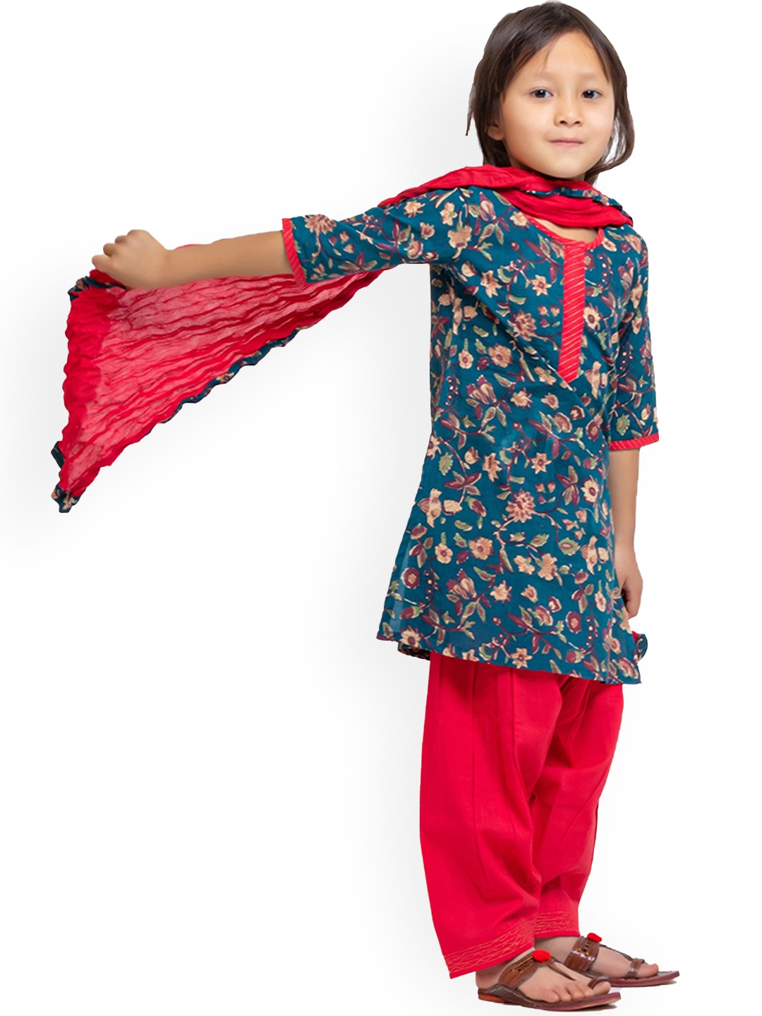 

My Little Lambs Girls Floral Printed Pure Cotton Kurta With Salwar & Dupatta, Teal