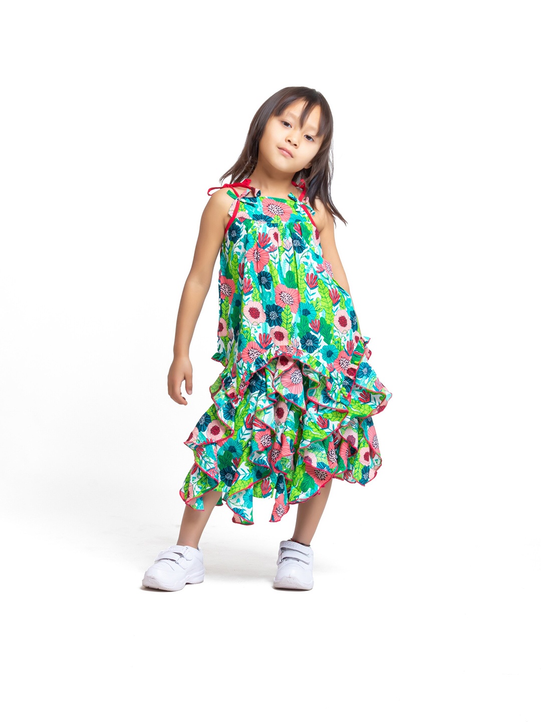 

My Little Lambs Girls Floral Printed Shoulder Straps Top with Skirt, Green