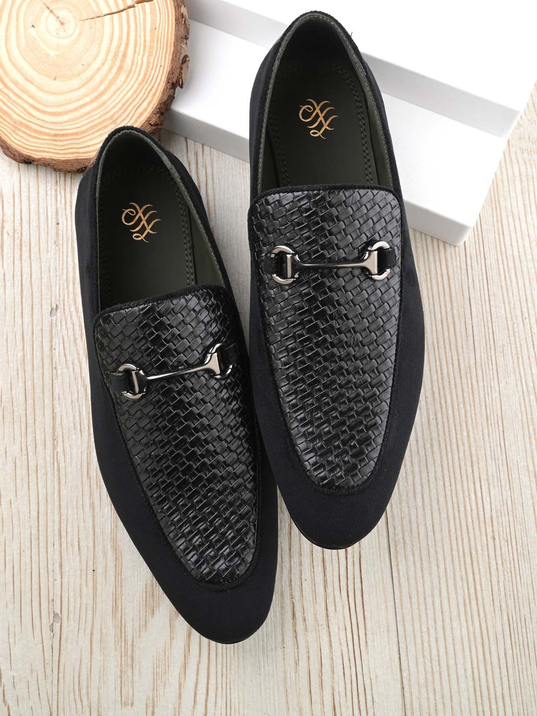 

House of Pataudi Men Textured Embellished Lightweight Comfort Insole Horsebit Loafers, Black