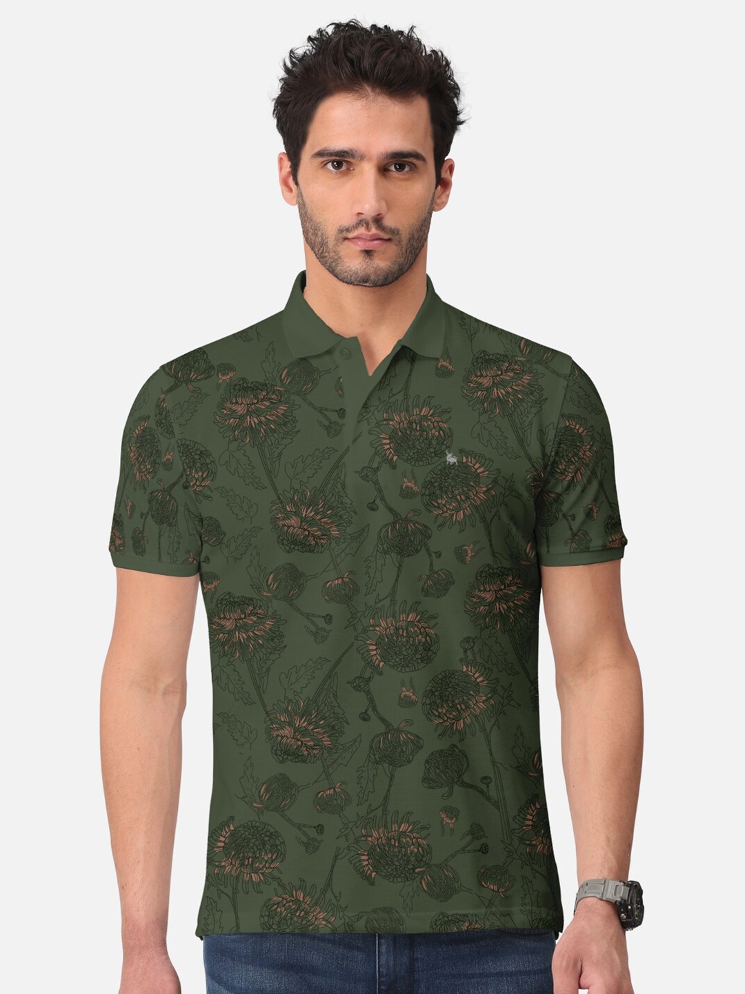 

BULLMER Floral Printed Polo Collar Cotton T-Shirt, Green