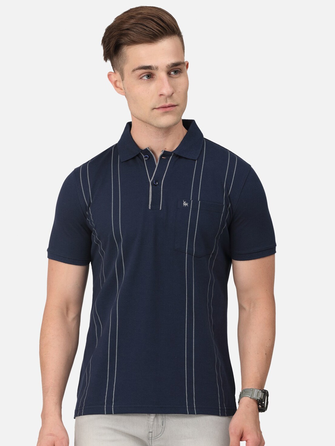 

BULLMER Striped Polo Collar Cotton T-Shirt, Navy blue