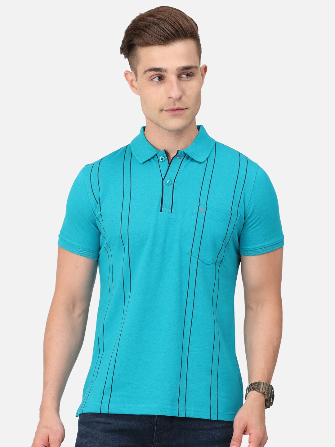

BULLMER Striped Polo Collar Cotton T-Shirt, Blue