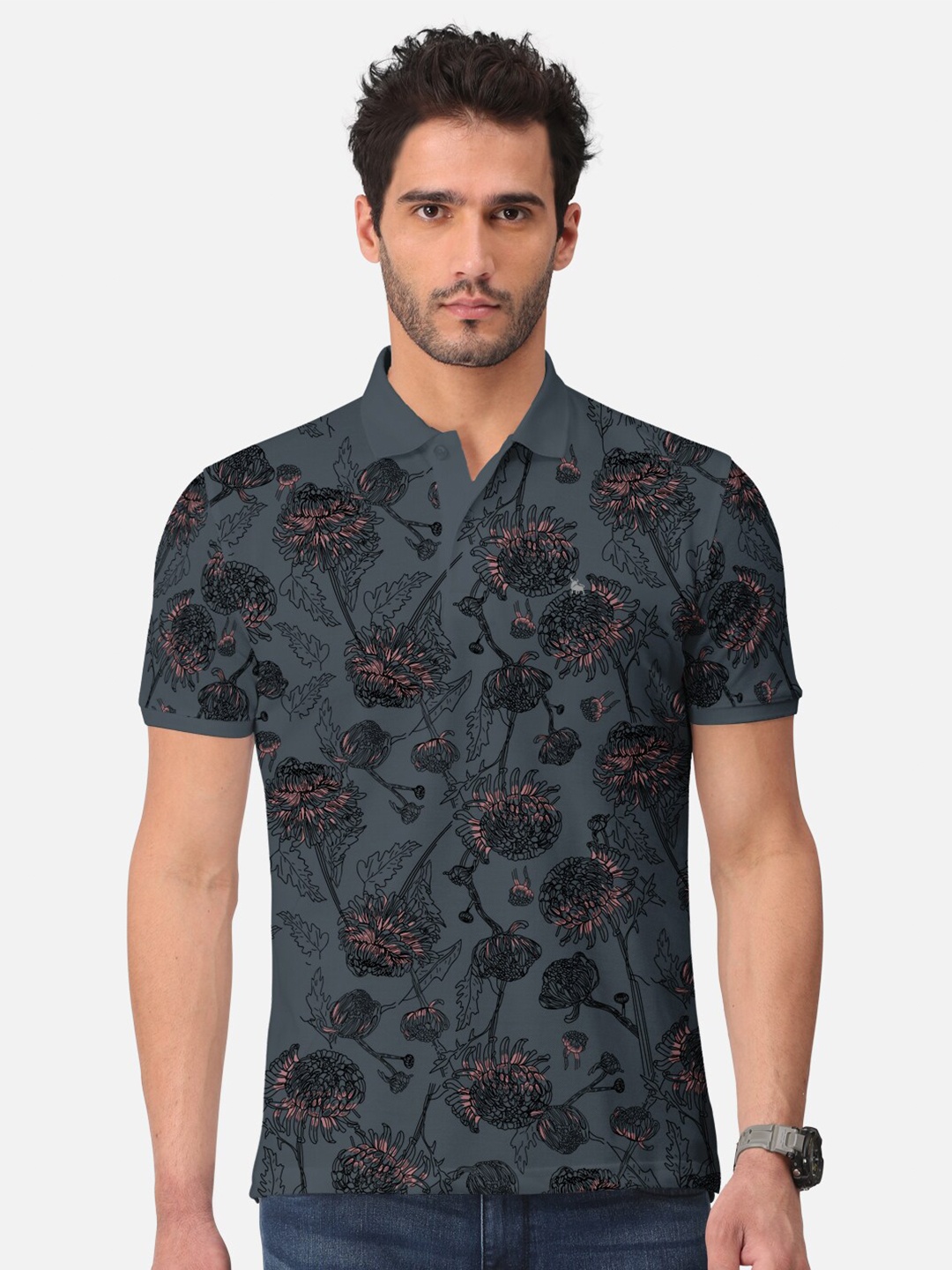 

BULLMER Floral Printed Polo Collar Cotton T-Shirt, Grey