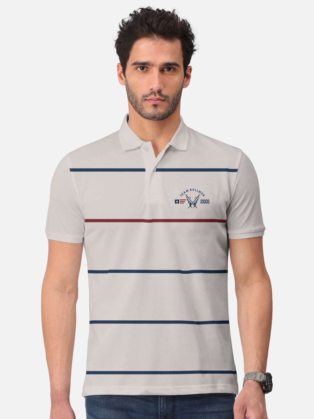 

BULLMER Striped Polo Collar Cotton T-Shirt, Grey
