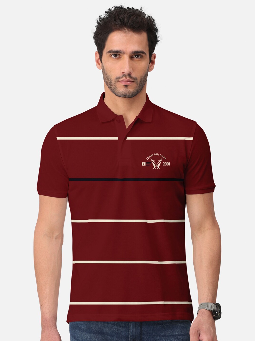 

BULLMER Striped Polo Collar Cotton T-Shirt, Maroon