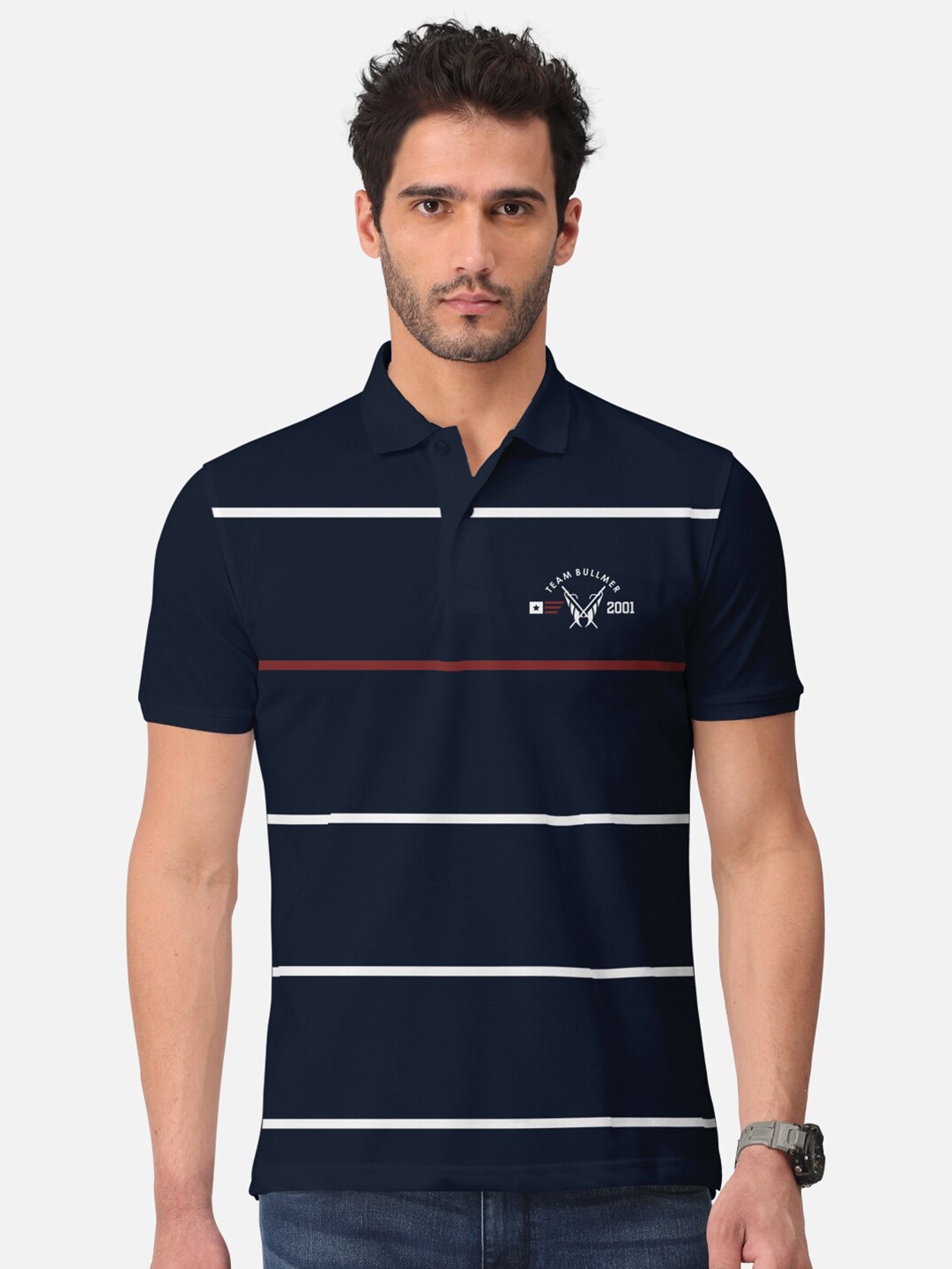 

BULLMER Striped Polo Collar Cotton T-Shirt, Navy blue