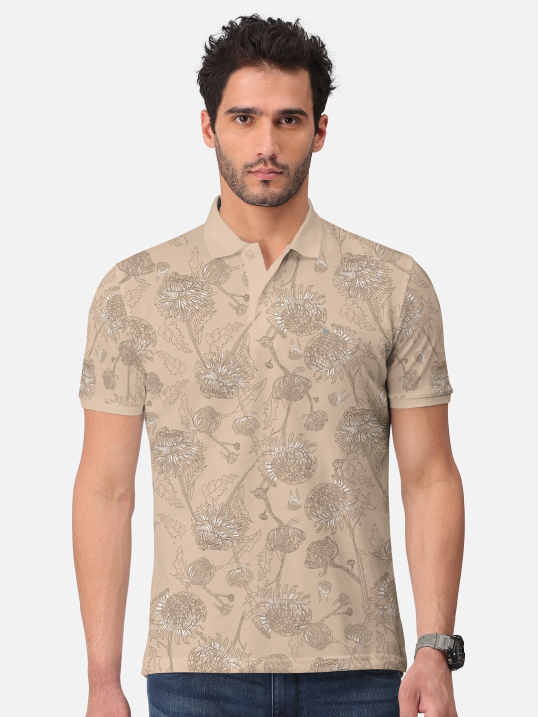 

BULLMER Floral Printed Polo Collar Cotton T-Shirt, Beige