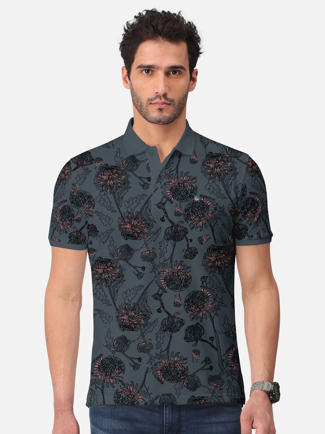 

BULLMER Floral Printed Polo Collar Cotton T-Shirt, Grey