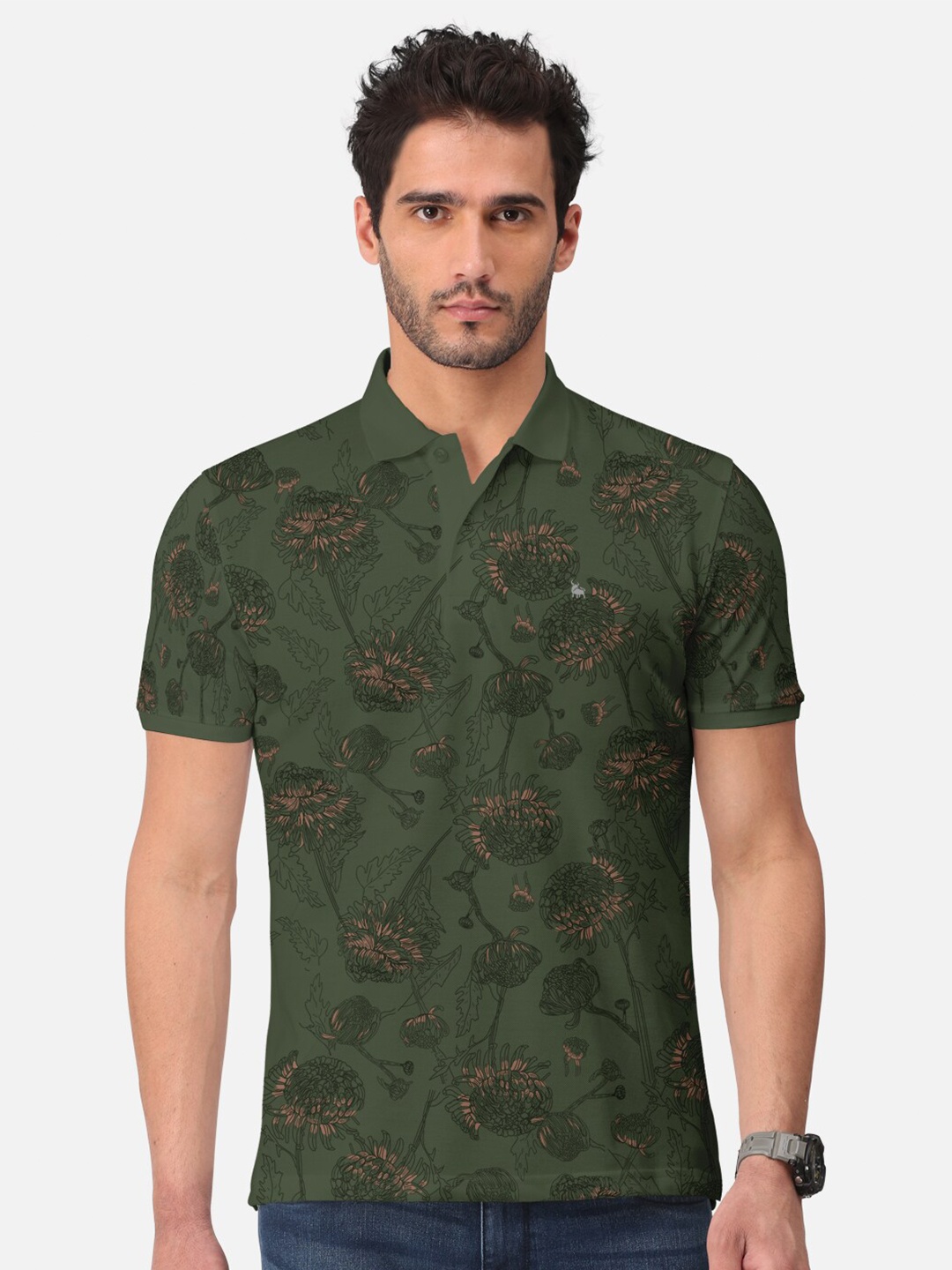 

BULLMER Floral Printed Polo Collar Cotton T-Shirt, Beige