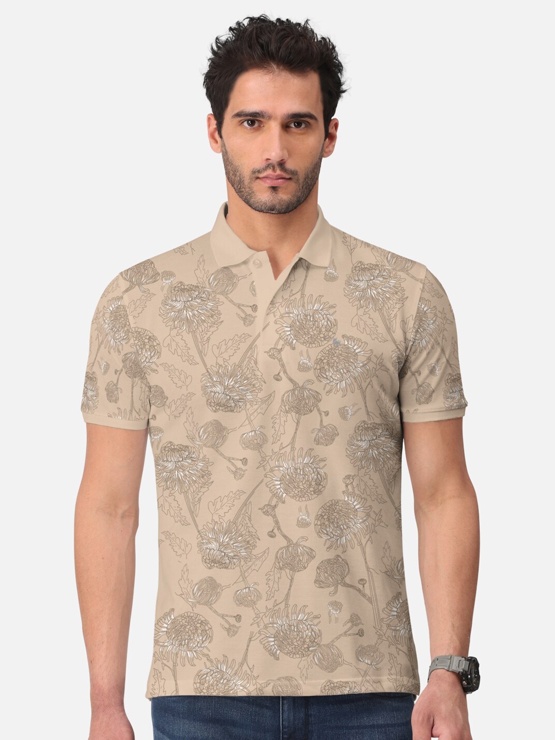 

BULLMER Floral Printed Polo Collar Cotton T-Shirt, Beige