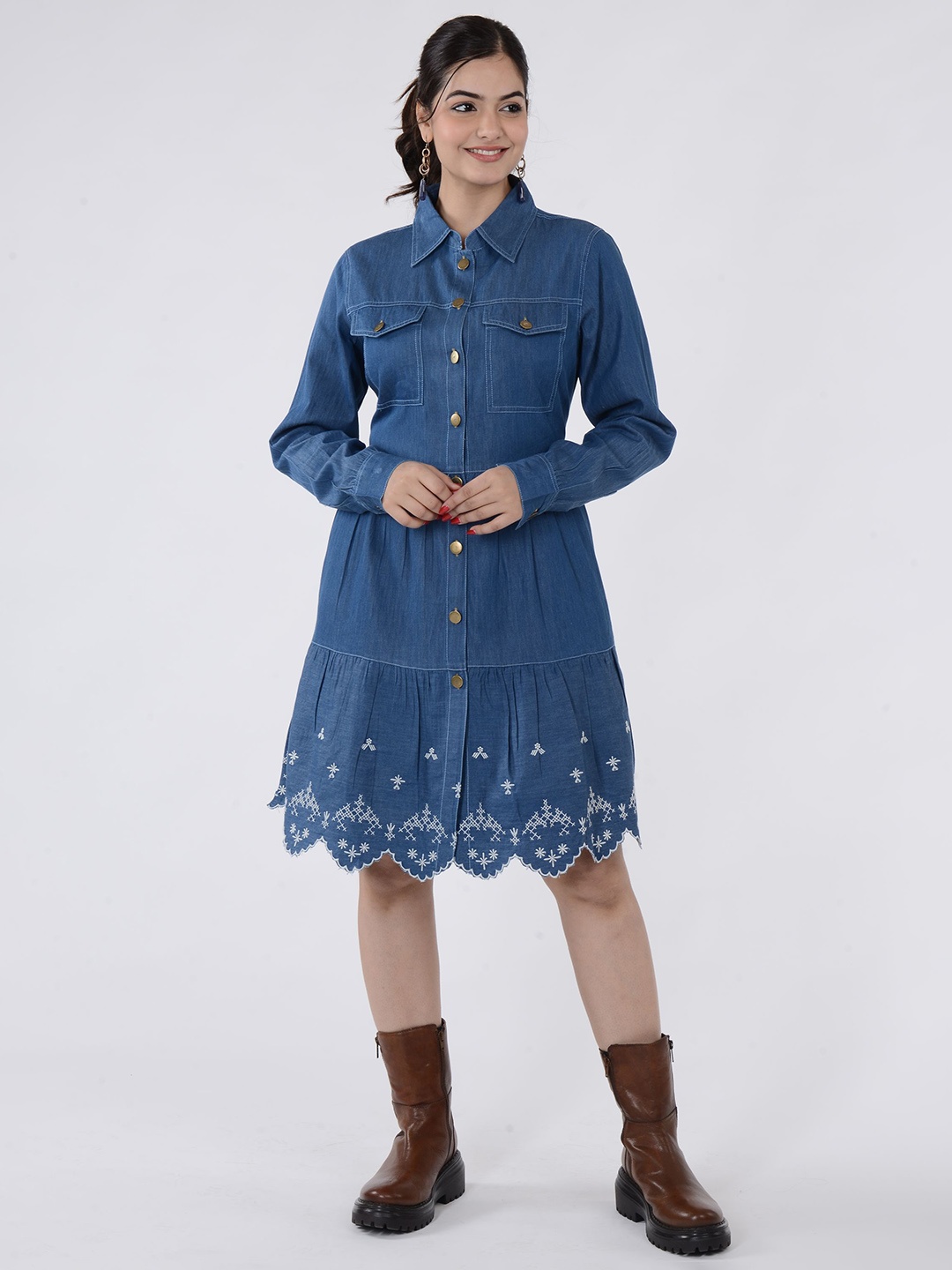 

SUMAVI-FASHION Embroidered Shirt Collar Cotton Denim Shirt Dress, Blue