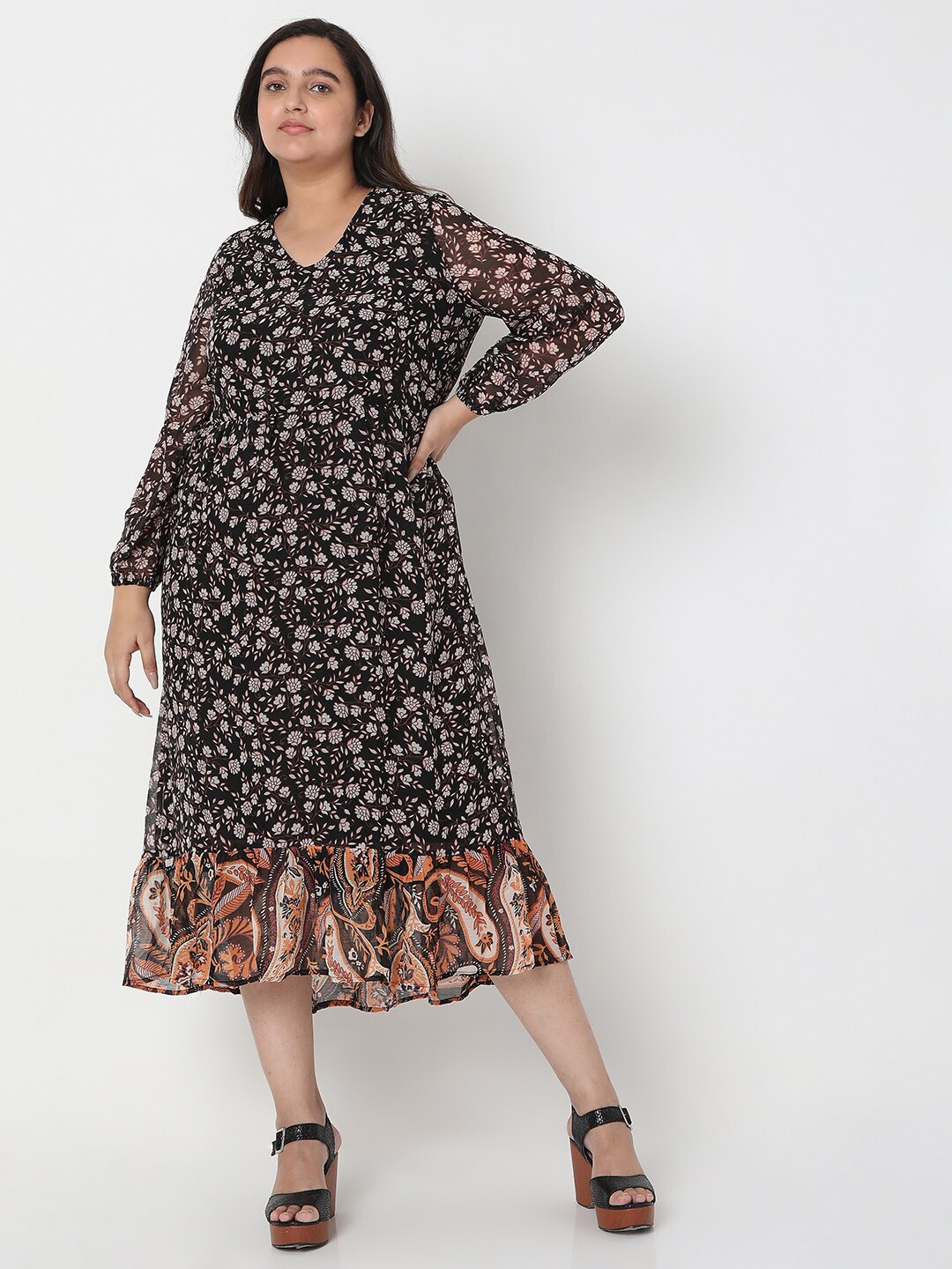 

VERO MODA CURVE Floral Printed V-Neck Puff Sleeve A-Line Midi Dress, Black