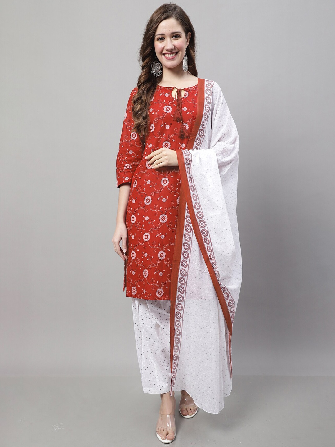 

Rajnandini Floral Printed Tie Up Neck Sequinned Pure Cotton Kurta With Salwar & Dupatta, Red