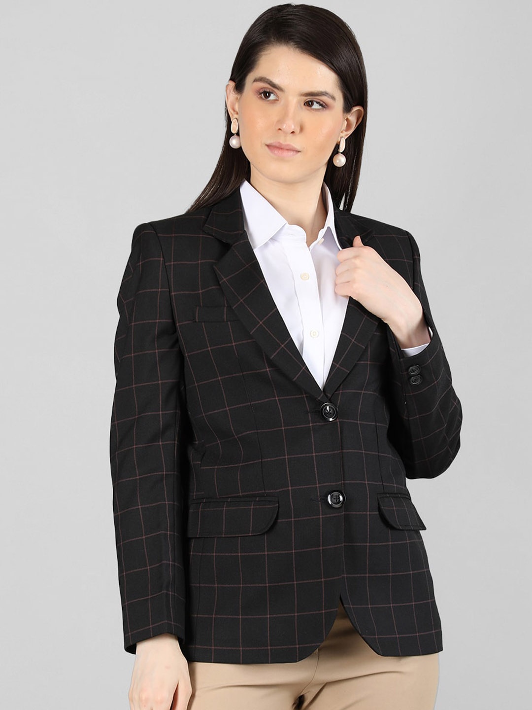 

Dlanxa Checked Single Breasted Formal Blazer, Black