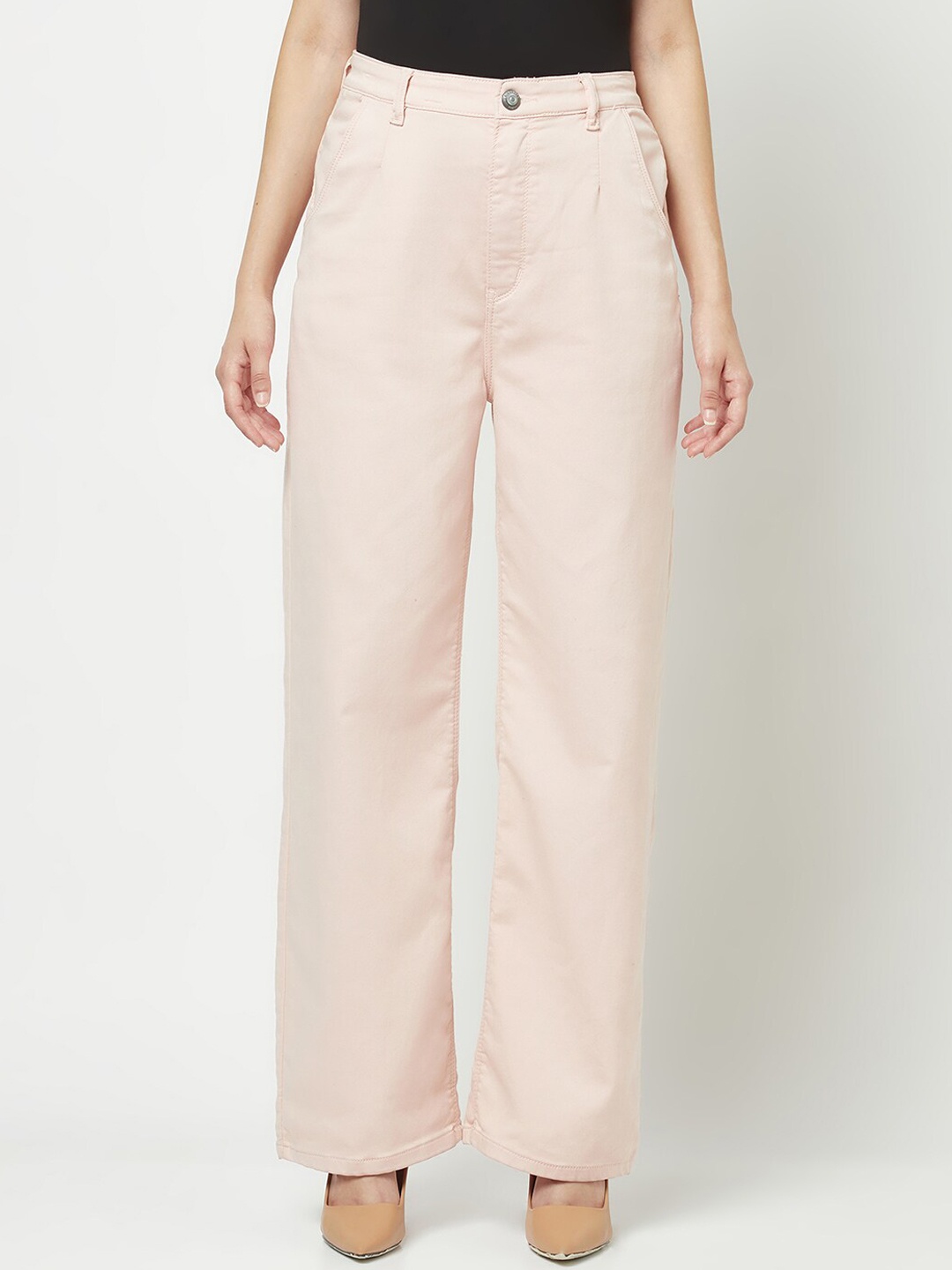 

Crimsoune Club Women Straight Fit Mid Rise Stretchable Wide Leg Jeans, Pink
