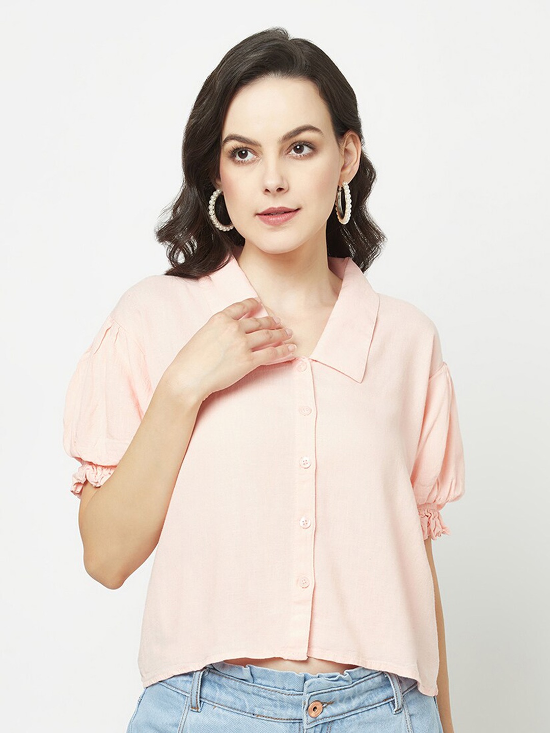 

Crimsoune Club Puff Sleeves Shirt Style Top, Peach