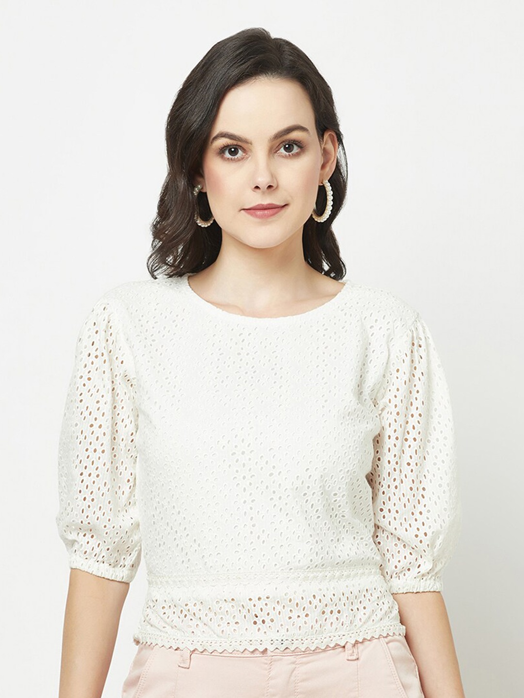 

Crimsoune Club Puff Sleeve Cotton Top, White
