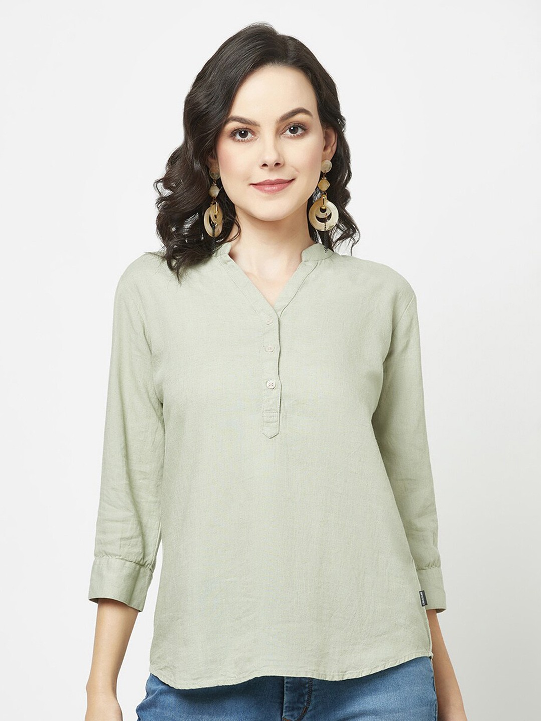 

Crimsoune Club Mandarin Collar Shirt Style Top, Green