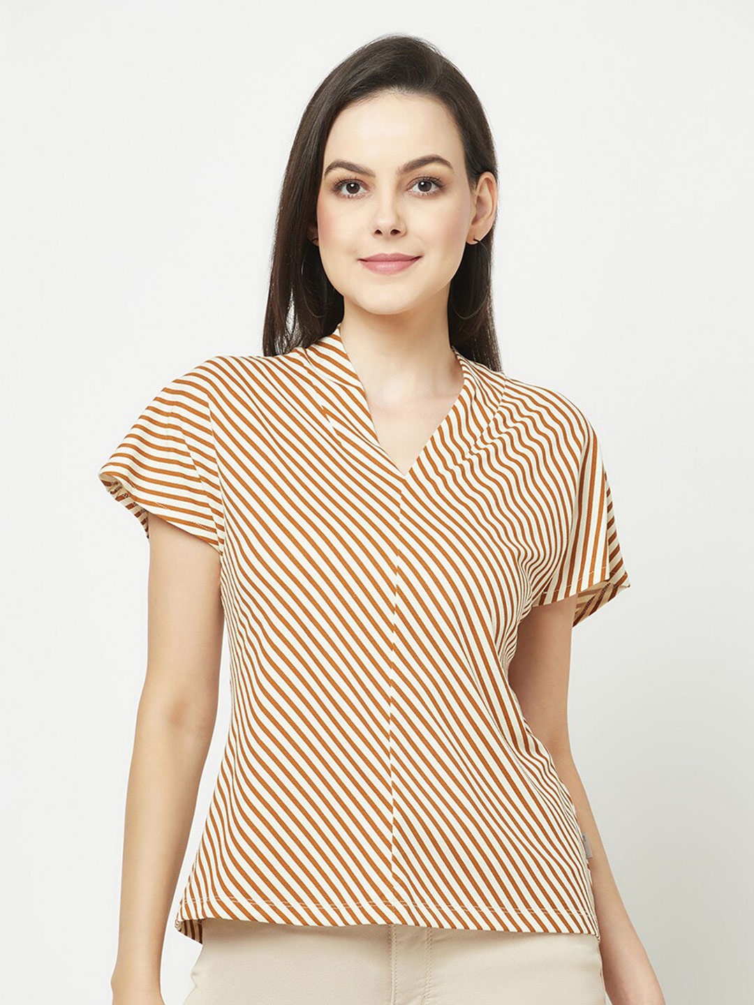 

Crimsoune Club Women Striped V-Neck Casual T-shirt, Mustard