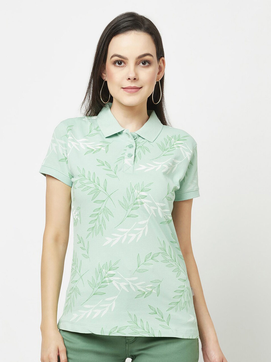 

Crimsoune Club Women Floral Printed Polo Collar T-shirt, Green