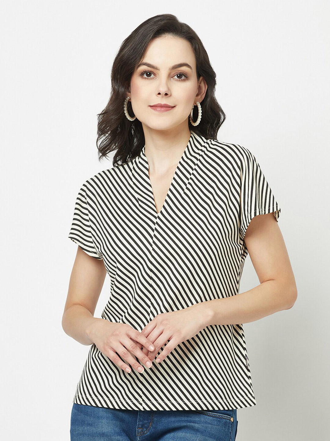

Crimsoune Club Women Striped V-Neck Casual T-shirt, Black