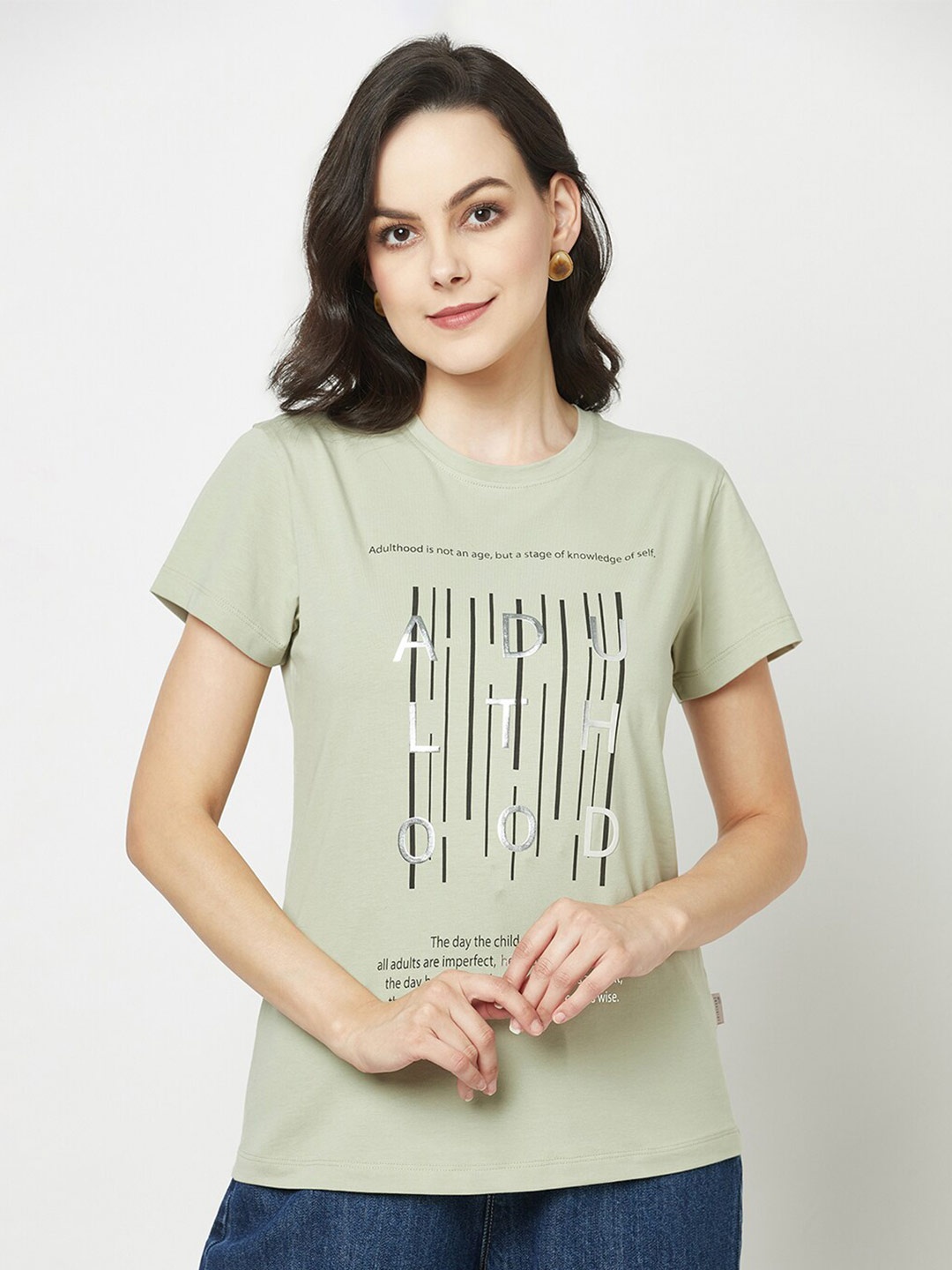

Crimsoune Club Women Typography Printed Casual T-shirt, Green
