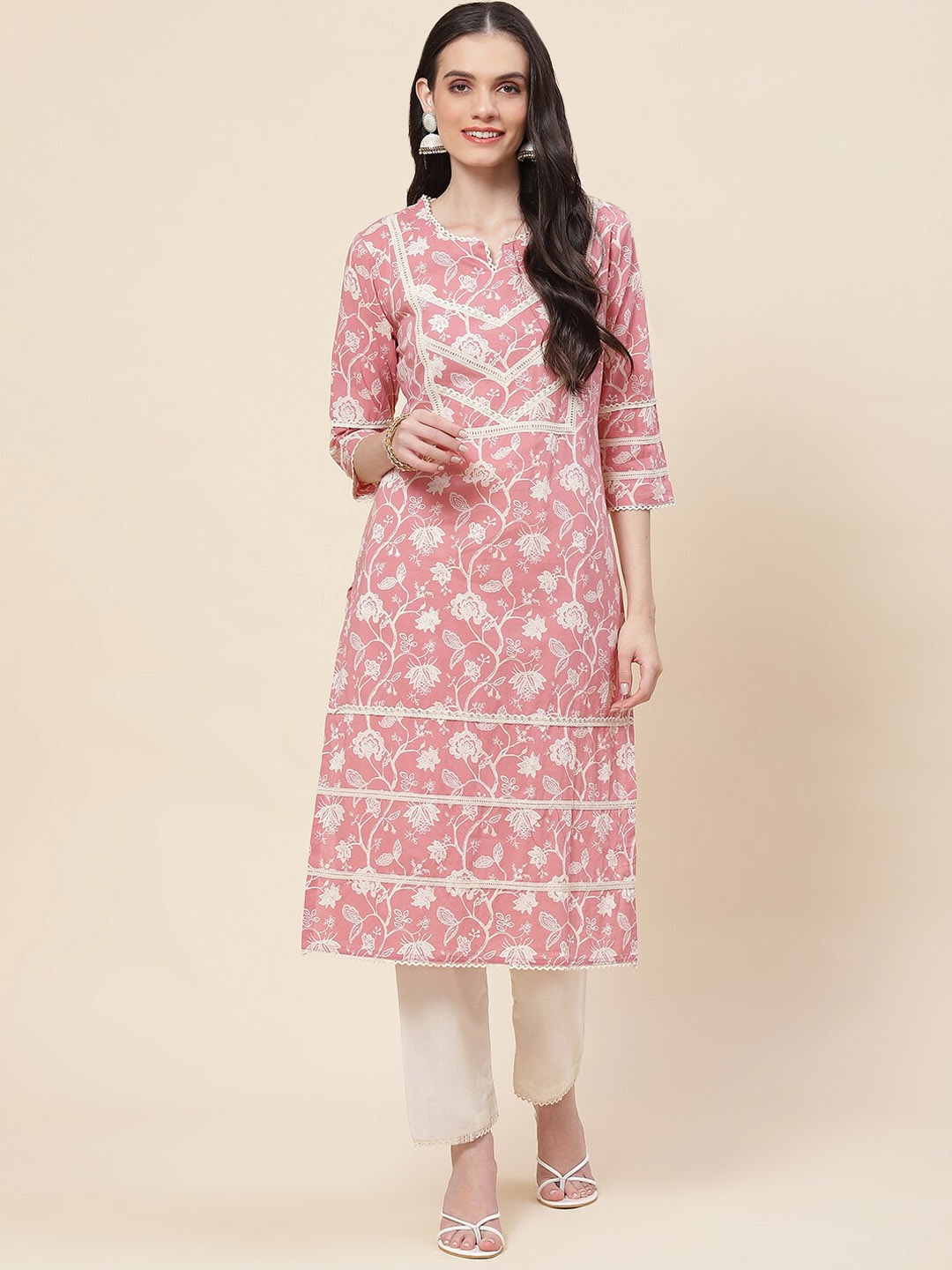 

Meena Bazaar Floral Printed Notched Neck A-Line Kurta With Trousers, Pink