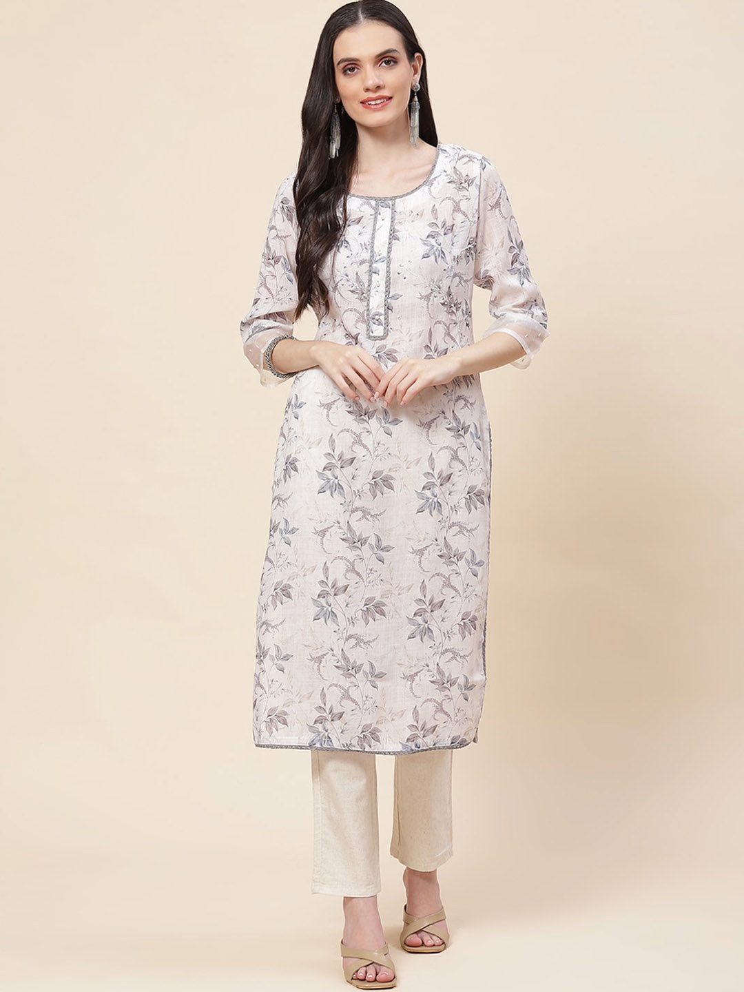 

Meena Bazaar Floral Printed Sequined Kurta with Trousers, Off white