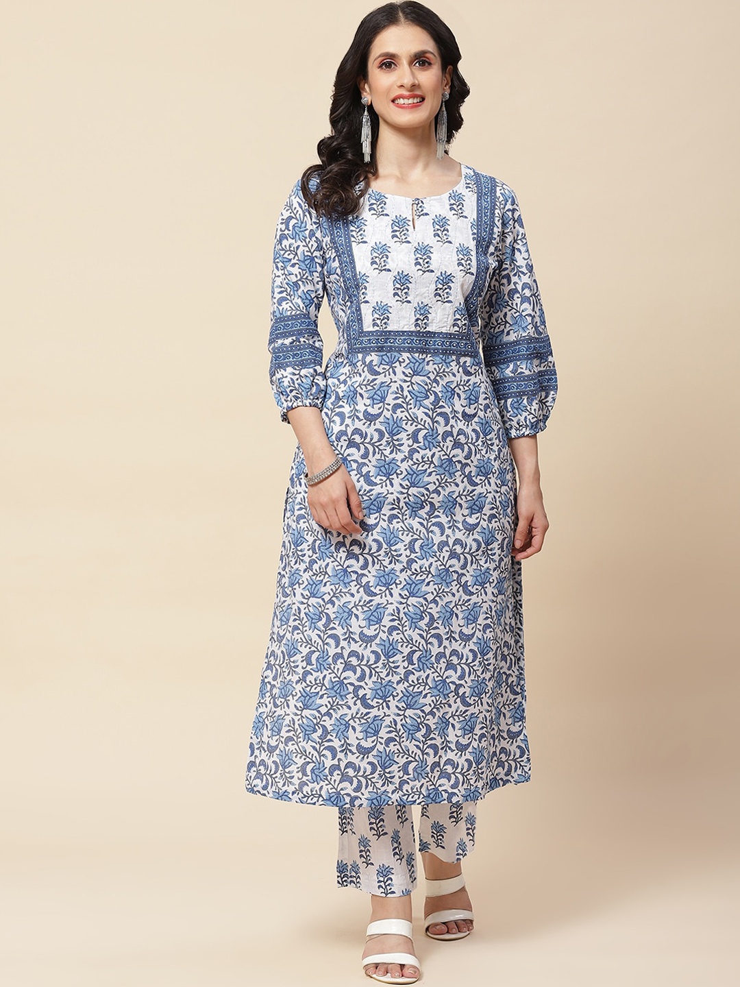 

Meena Bazaar Printed Keyhole Neck A-Line Kurta with Trousers, White