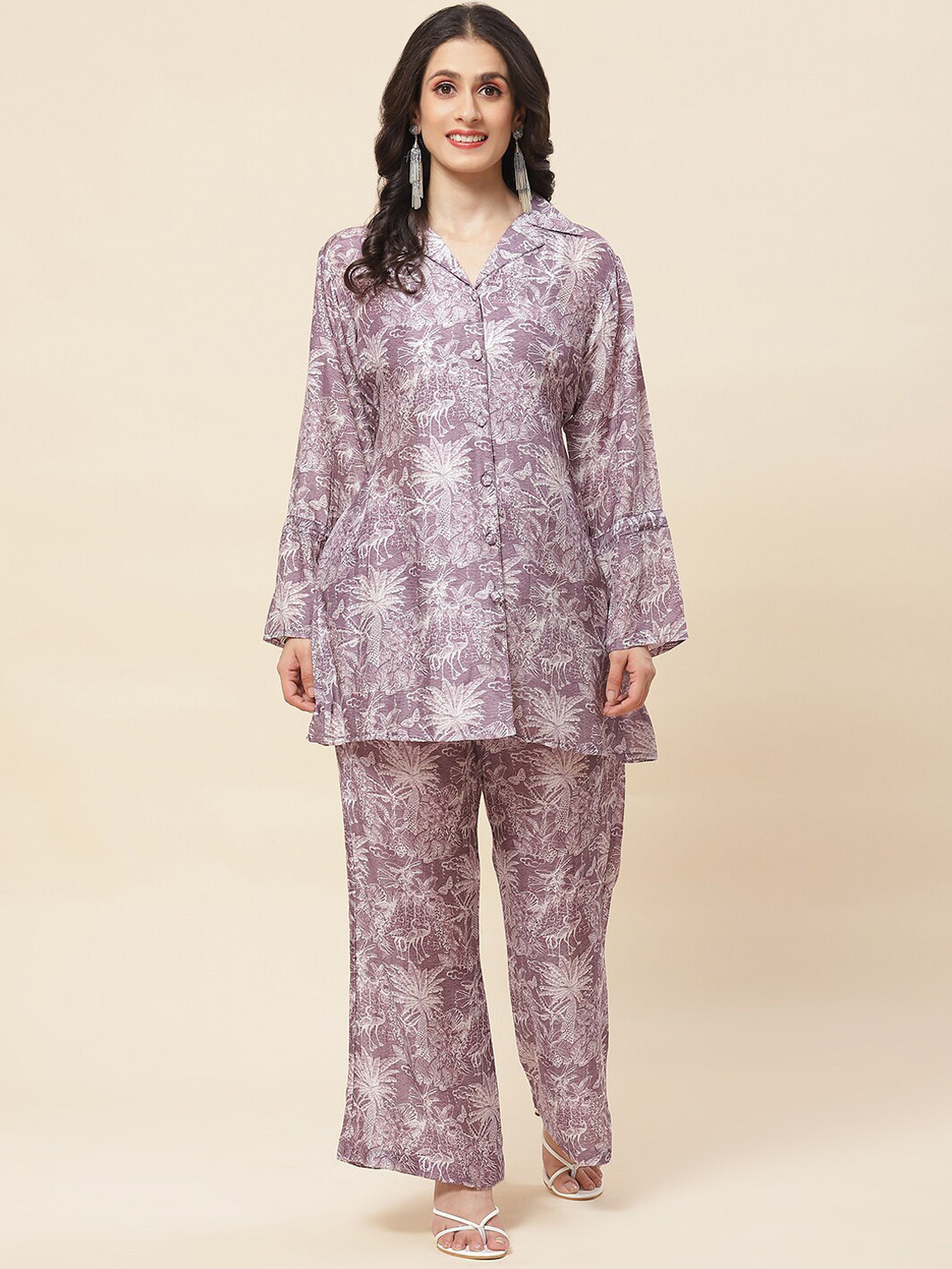 

Meena Bazaar Shirt Collar Floral Printed Kurta with Trousers, Purple
