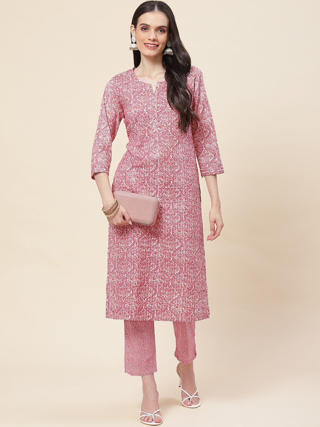 

Meena Bazaar Floral Printed Straight Kurta with Trousers, White
