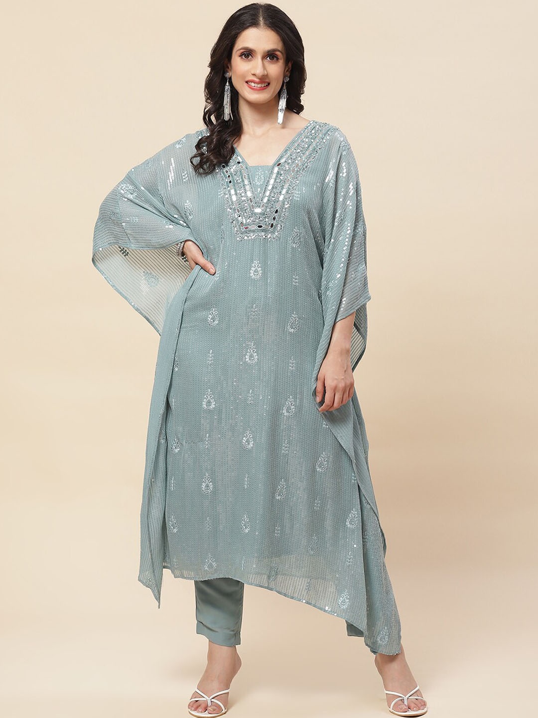 

Meena Bazaar Ethnic Motifs Embroidered Sequined Kaftan Kurta with Trousers, Blue