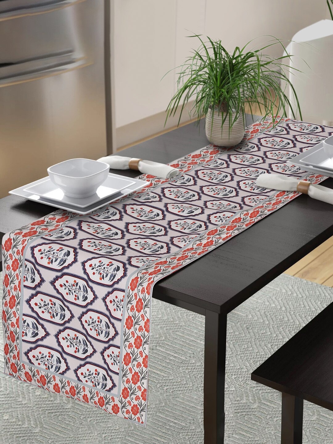 

Alina decor Beige & Blue Printed Table Runner