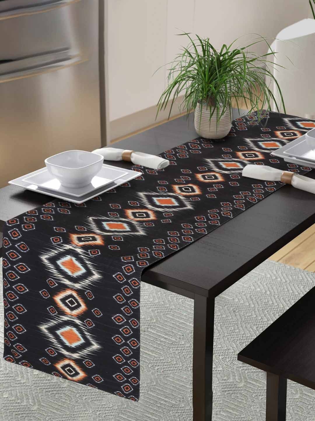 Alina decor Black & Orange-Coloured Printed Table Runner