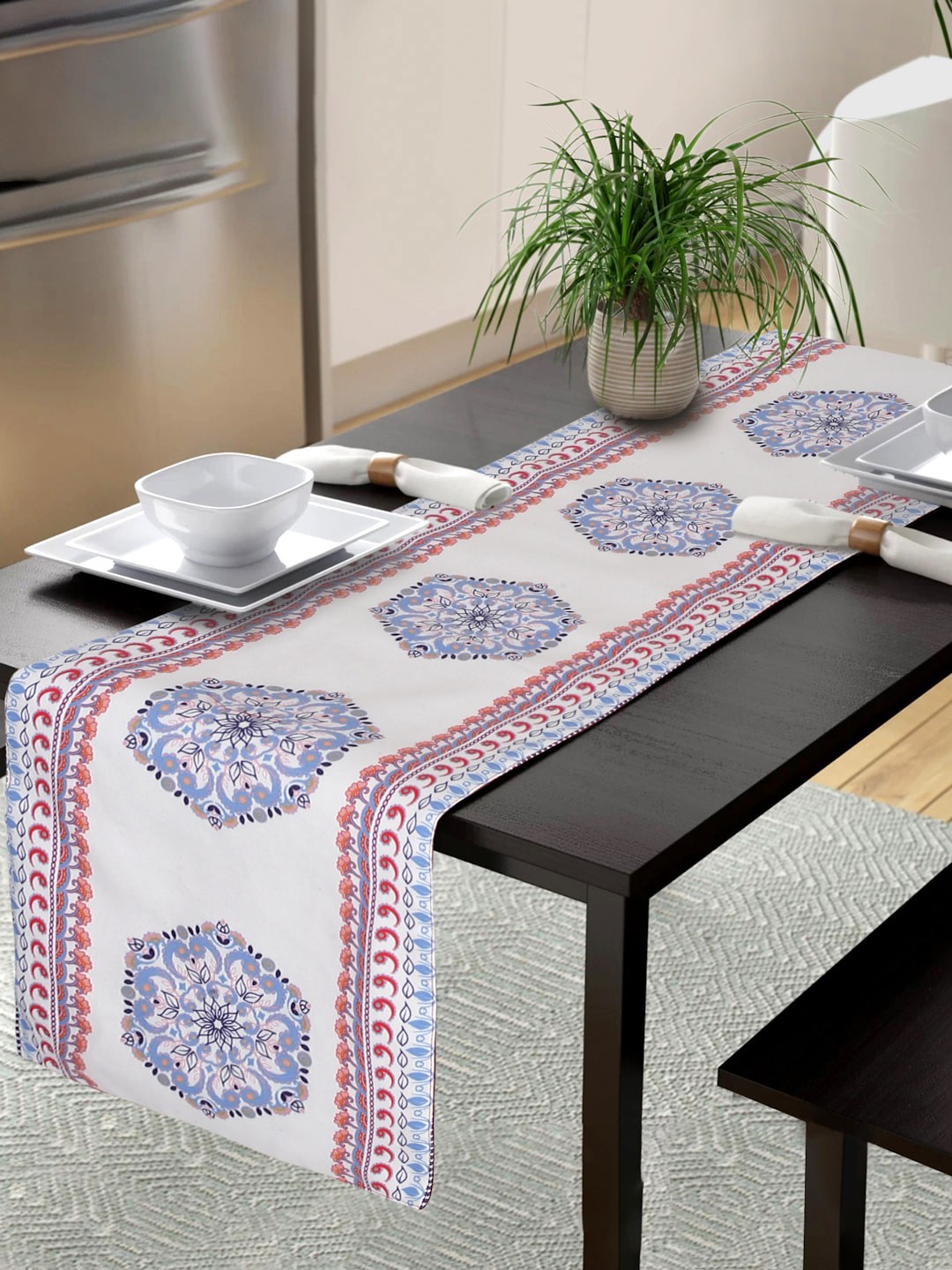 

Alina decor White & Blue Printed Table Runner