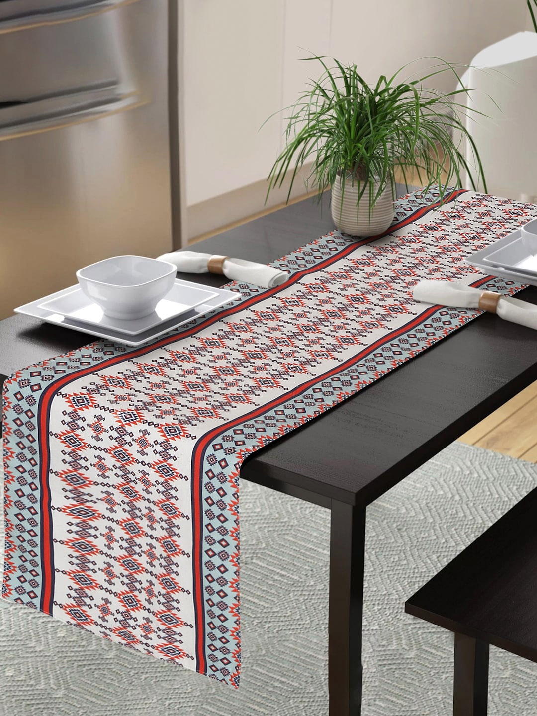 Alina decor Orange & White Printed Table Runner
