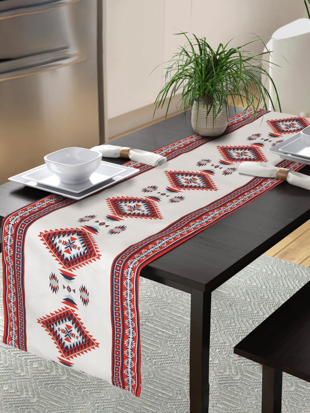 Alina decor White & Red Digital Printed Table Runner