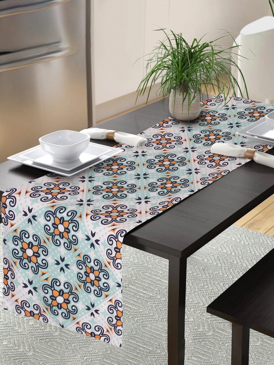 Alina decor Mint-Green & Yellow Printed Table Runner