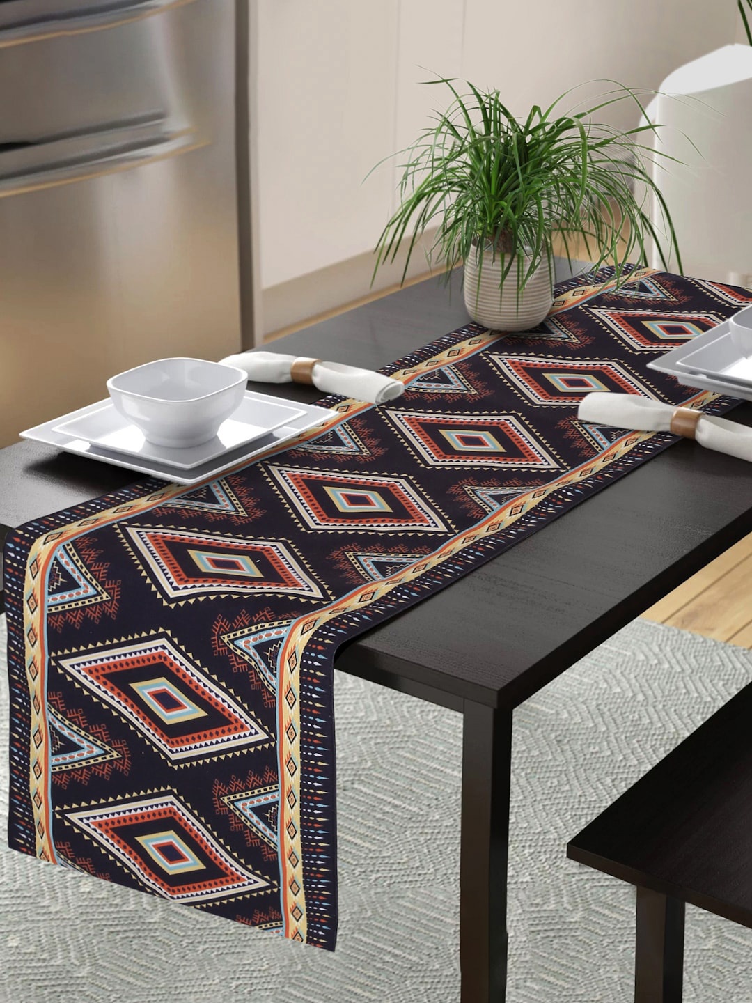 Alina decor Navy-Blue & Orange-Coloured Printed Table Runner