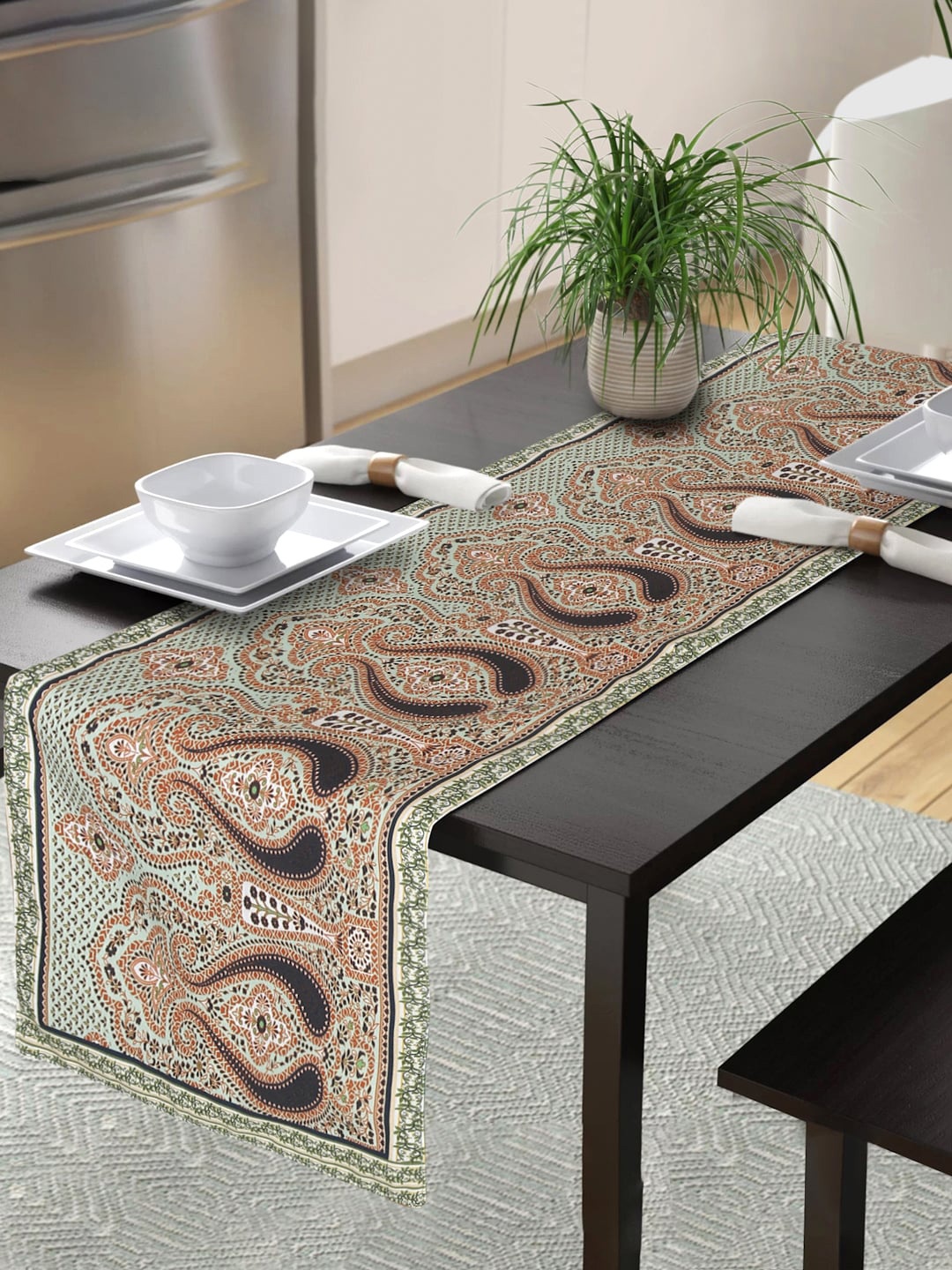 

Alina decor Orange-Colored & Green Ethnic Motif Printed Table Runner