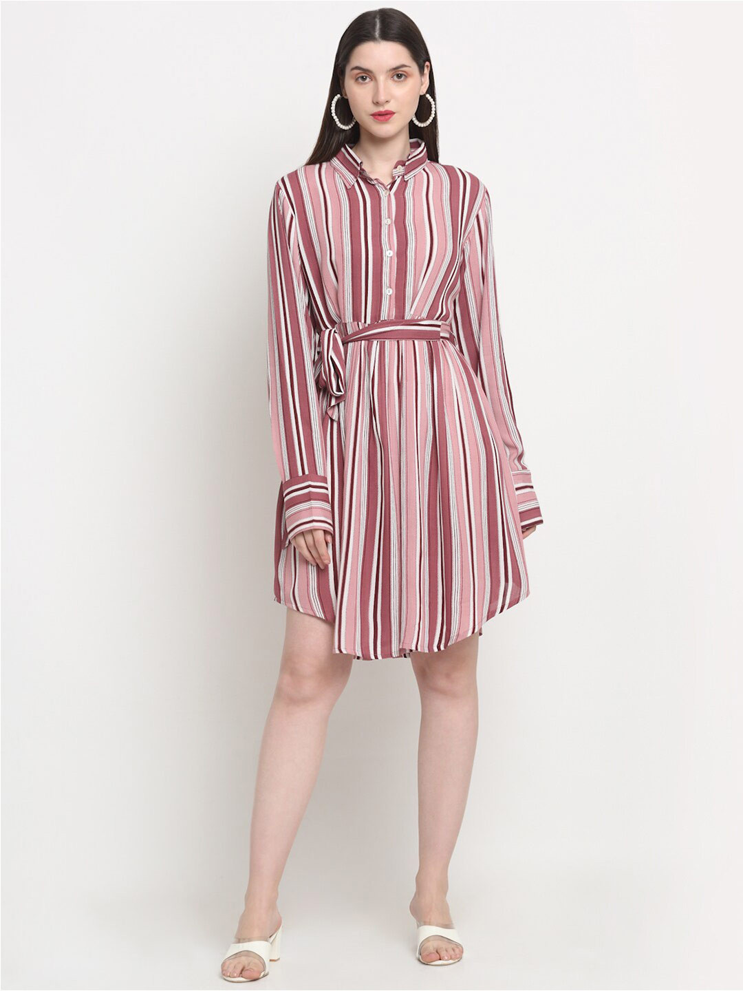 

KALINI Striped Cuffed Sleeves Shirt Style Dress, Mauve