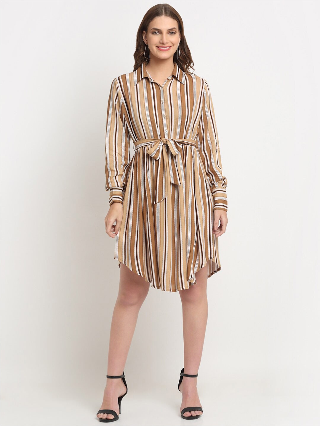

KALINI Striped Cuffed Sleeves Shirt Dress, Brown