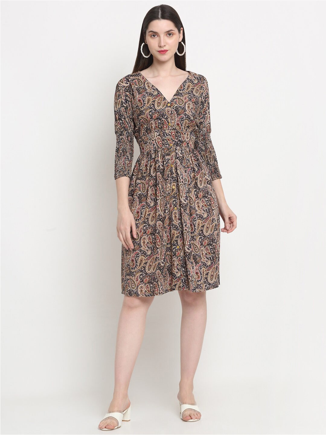 

KALINI Paisley Printed V-Neck Fit & Flare Dress, Navy blue